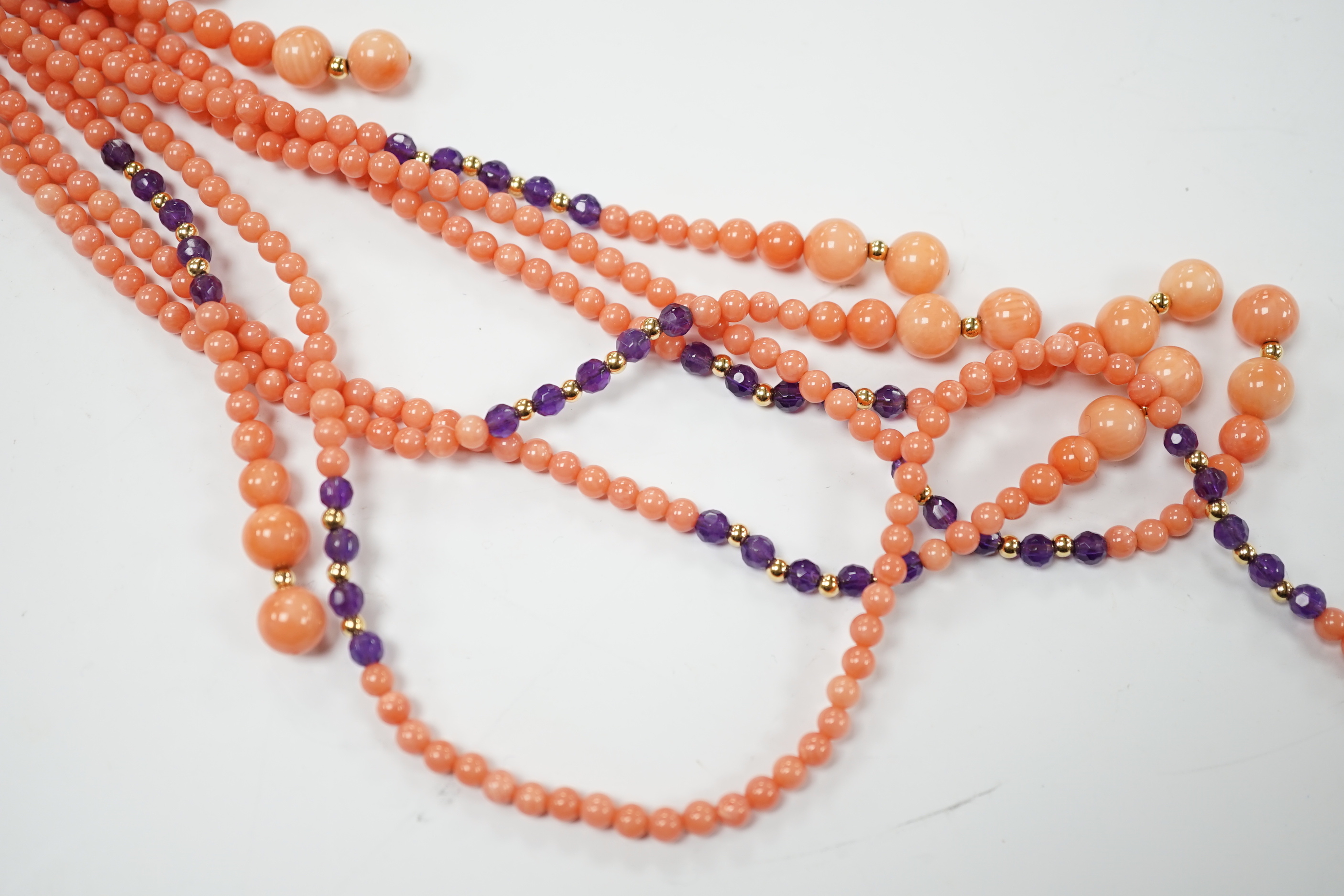 A coral, amethyst and gilt metal soutoir necklace